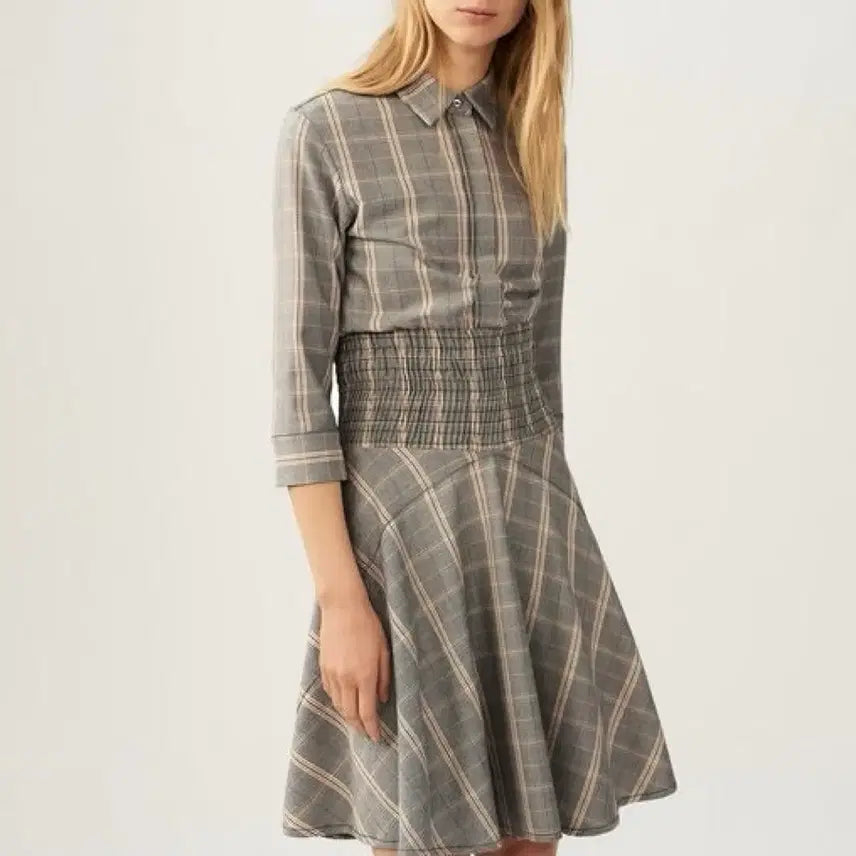 [BUNJANG] Maje Checked Smocked Banding Shirt Dress / 마쥬 MAJE 스모크 밴딩 체크 셔츠 원피스 플레어7부봄가을하객룩출근룩
