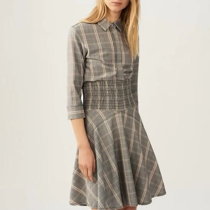 [BUNJANG] Maje Checked Smocked Banding Shirt Dress / 마쥬 MAJE 스모크 밴딩 체크 셔츠 원피스 플레어7부봄가을하객룩출근룩