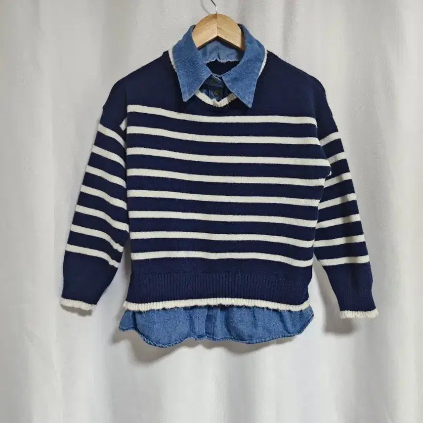 [BUNJANG] Studio Ag Navy Stripe Denim Layered Knit / studio. ag 네이비 스트라이프 데님 레이어드 니트