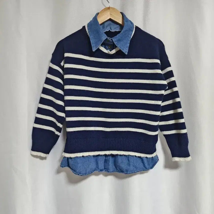 [BUNJANG] Studio Ag Navy Stripe Denim Layered Knit / studio. ag 네이비 스트라이프 데님 레이어드 니트