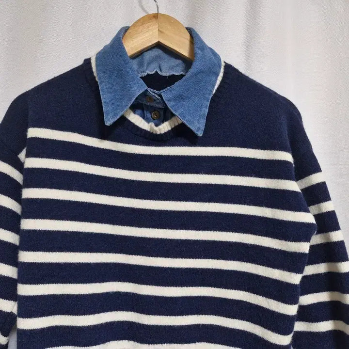 [BUNJANG] Studio Ag Navy Stripe Denim Layered Knit / studio. ag 네이비 스트라이프 데님 레이어드 니트