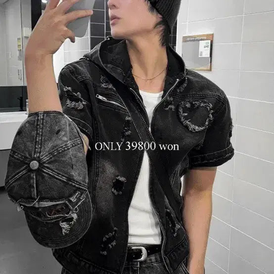 [BUNJANG] Cosyharu Clay Denim Short Sleeve Hooded Jacket / 코시하루 크레이 데님 반팔 후드자켓