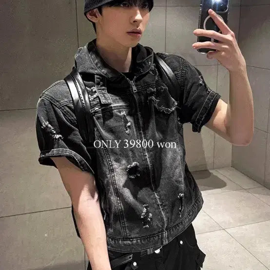[BUNJANG] Cosyharu Clay Denim Short Sleeve Hooded Jacket / 코시하루 크레이 데님 반팔 후드자켓