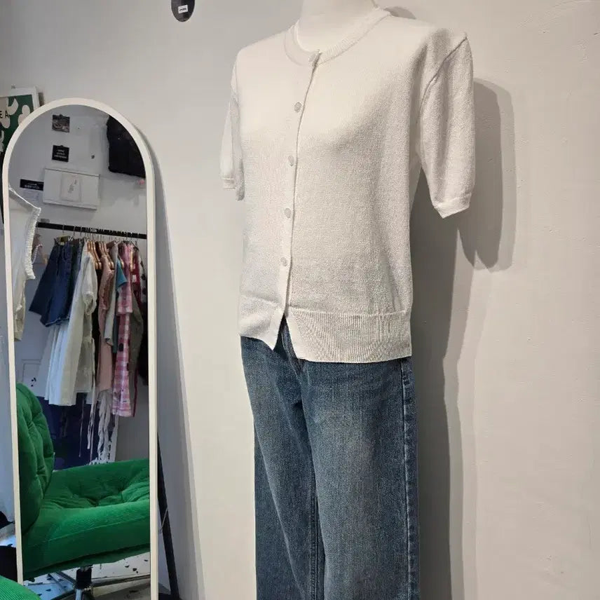 [BUNJANG] White Summer Short Sleeve Knit Cardigan / 화이트 여름 반팔 니트 가디건