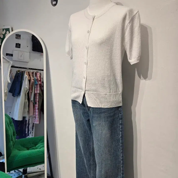 [BUNJANG] White Summer Short Sleeve Knit Cardigan / 화이트 여름 반팔 니트 가디건