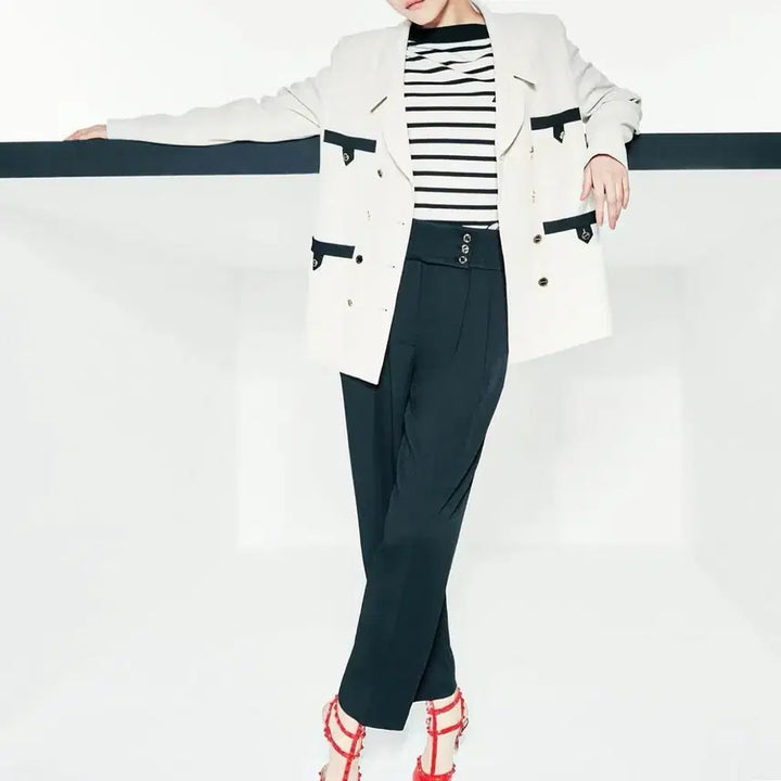 [BUNJANG] Lucky Chouette Atelier Button Pin Tuck Embroidered High Waist Black Slacks / 21 럭키슈에뜨 아뜰리에 버튼 핀턱자수 팬츠 차르르바지슬랙스하이웨스트블랙