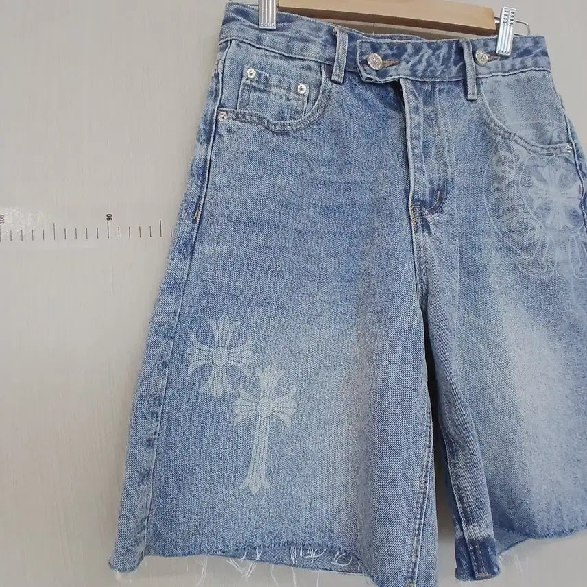 [BUNJANG] Chrome Hearts Style Cross Printing Denim Shorts / 크롬하츠 스타일 데님 반바지 크로스 프린팅