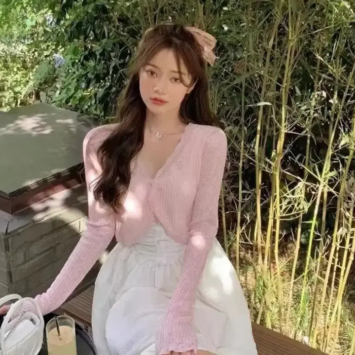 [BUNJANG] Avely Vintage Heart Pink Summer Cardigan / 에이블리 빈티지 하트 핑크 여름 가디건