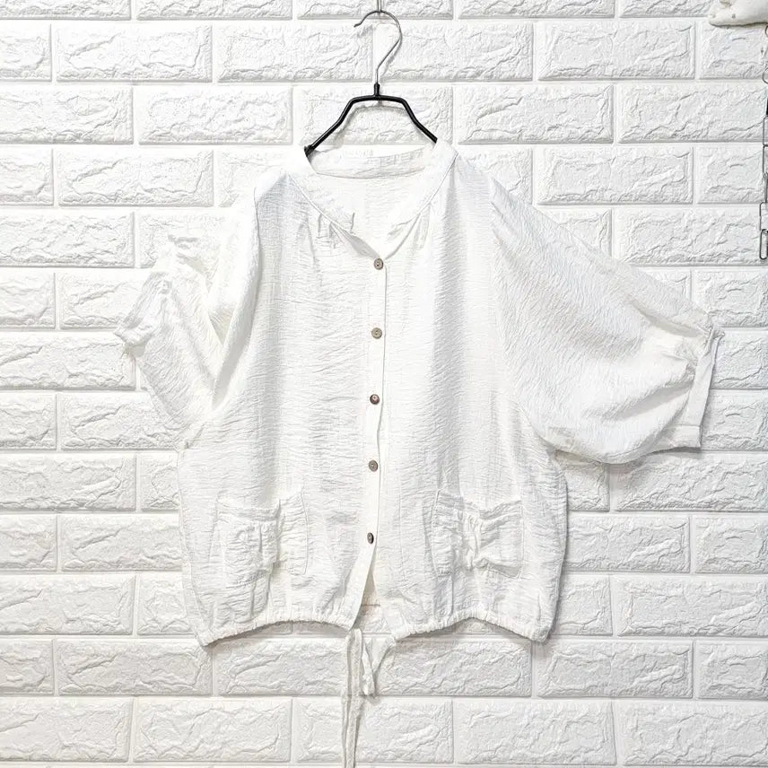[BUNJANG] White Puff Sleeve Shirt with Drawstring Hem / 퍼프소매 셔츠