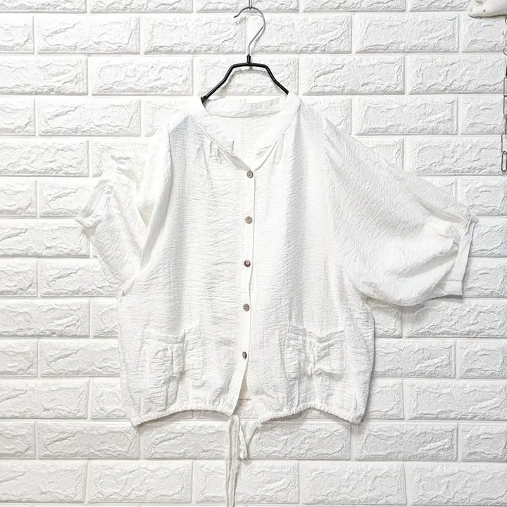 [BUNJANG] White Puff Sleeve Shirt with Drawstring Hem / 퍼프소매 셔츠
