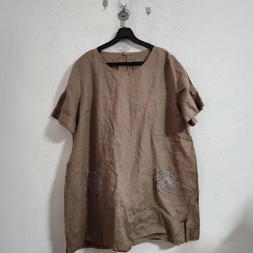 [BUNJANG] Linen Short-Sleeve Lace Pocket Shirt - Brown / 린넨 반팔 레이스포켓 브라운