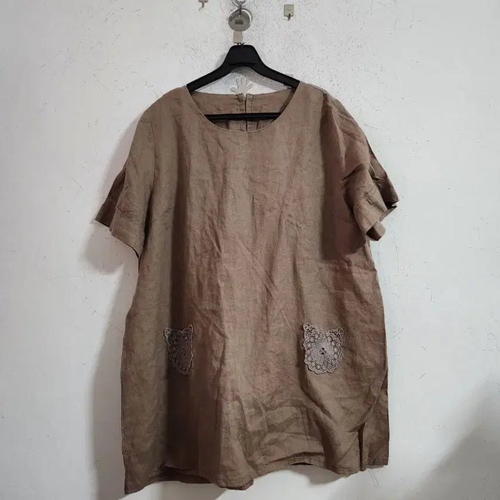 [BUNJANG] Linen Short-Sleeve Lace Pocket Shirt - Brown / 린넨 반팔 레이스포켓 브라운