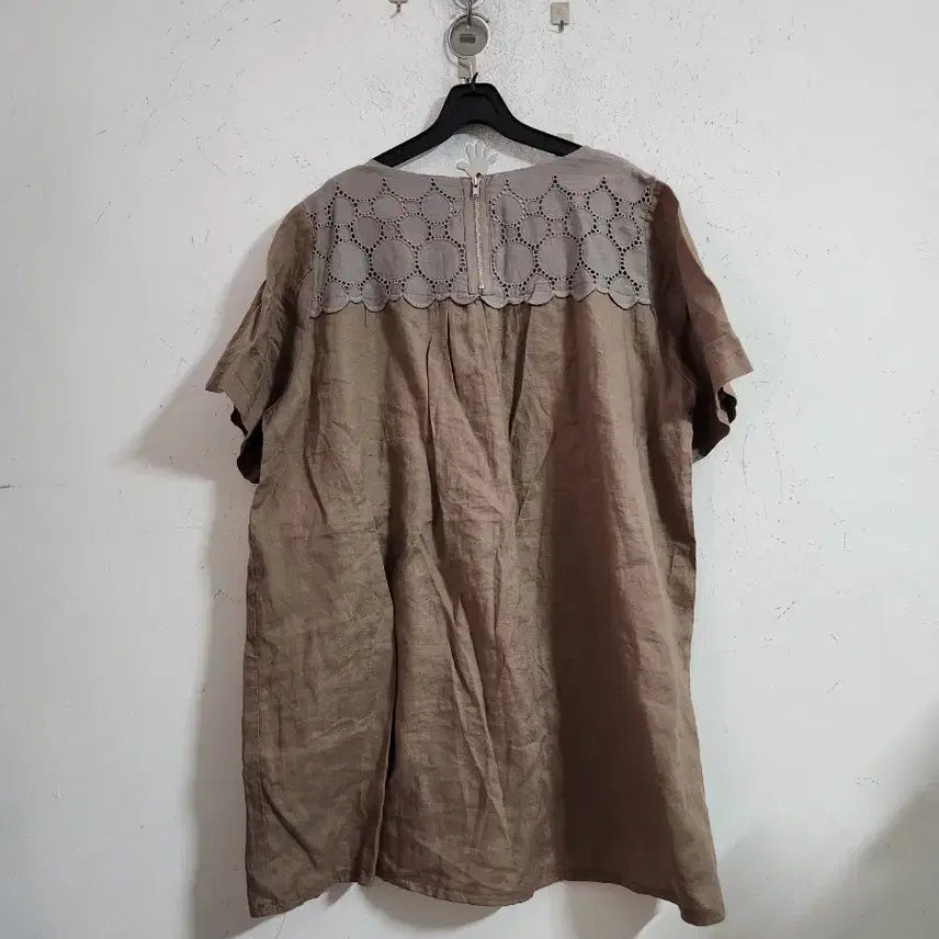 [BUNJANG] Linen Short-Sleeve Lace Pocket Shirt - Brown / 린넨 반팔 레이스포켓 브라운