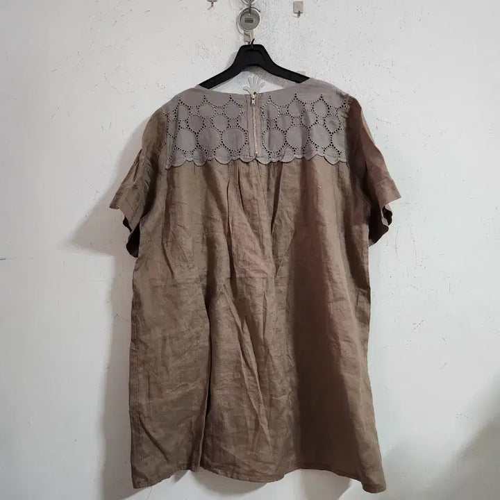 [BUNJANG] Linen Short-Sleeve Lace Pocket Shirt - Brown / 린넨 반팔 레이스포켓 브라운