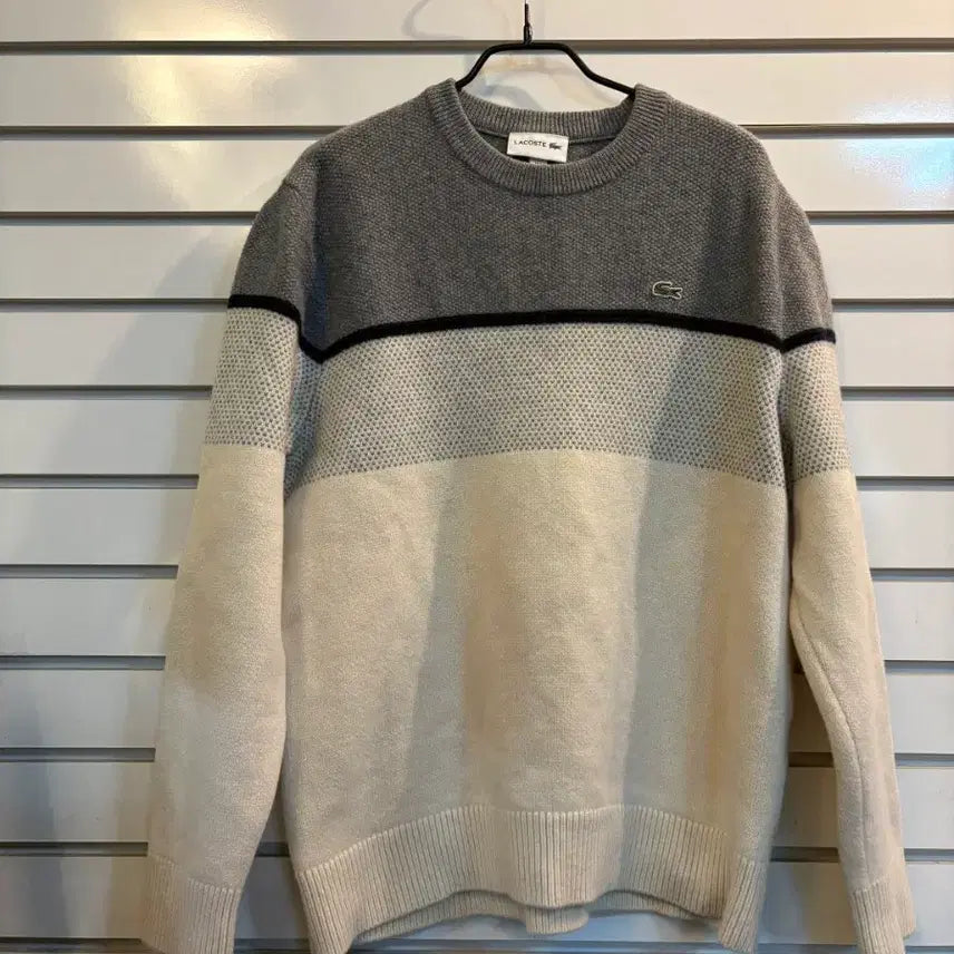 [BUNJANG] Lacoste Colorblock Knit Sweater / 라코스테 그레이/아이보리 배색 니트