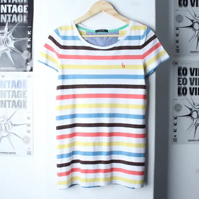 [BUNJANG] Hazzys Striped Color Mix T-Shirt / W(S-L) 헤지스 반팔 티셔츠 스트라이프 컬러믹스 키치-76CD