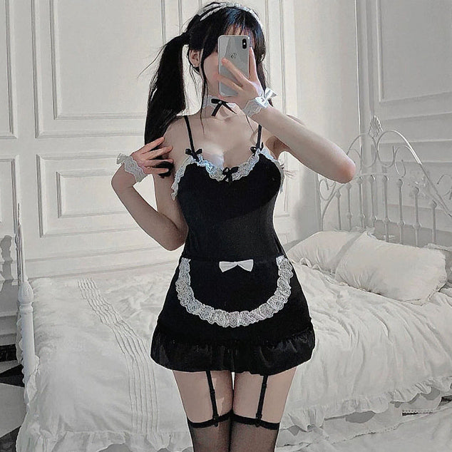 [BUNJANG] 6-Piece Maid Cosplay Mini Dress Set / 6종 풀세트 민소매 리본 메이드 미니원피스 섹시 교복 코스프레