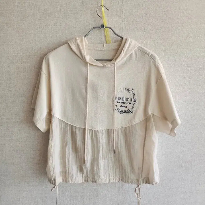 [BUNJANG] Ivory Cropped Short-Sleeve Hoodie Blouse / 아이보리 반팔 후드티 크롭 블라우스