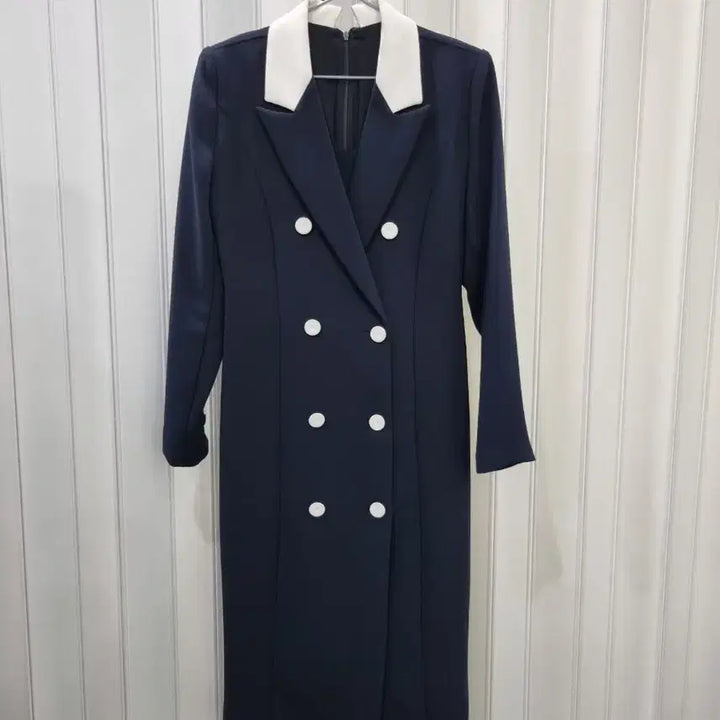 [BUNJANG] Navy Long Dress Double Button Contrast Collar / 네이비 롱 원피스 더블버튼 배색 카라