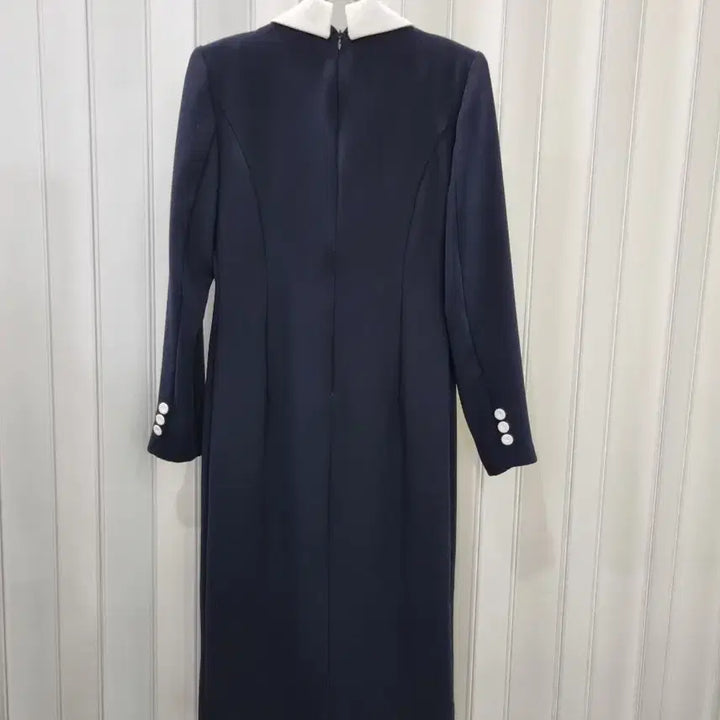 [BUNJANG] Navy Long Dress Double Button Contrast Collar / 네이비 롱 원피스 더블버튼 배색 카라