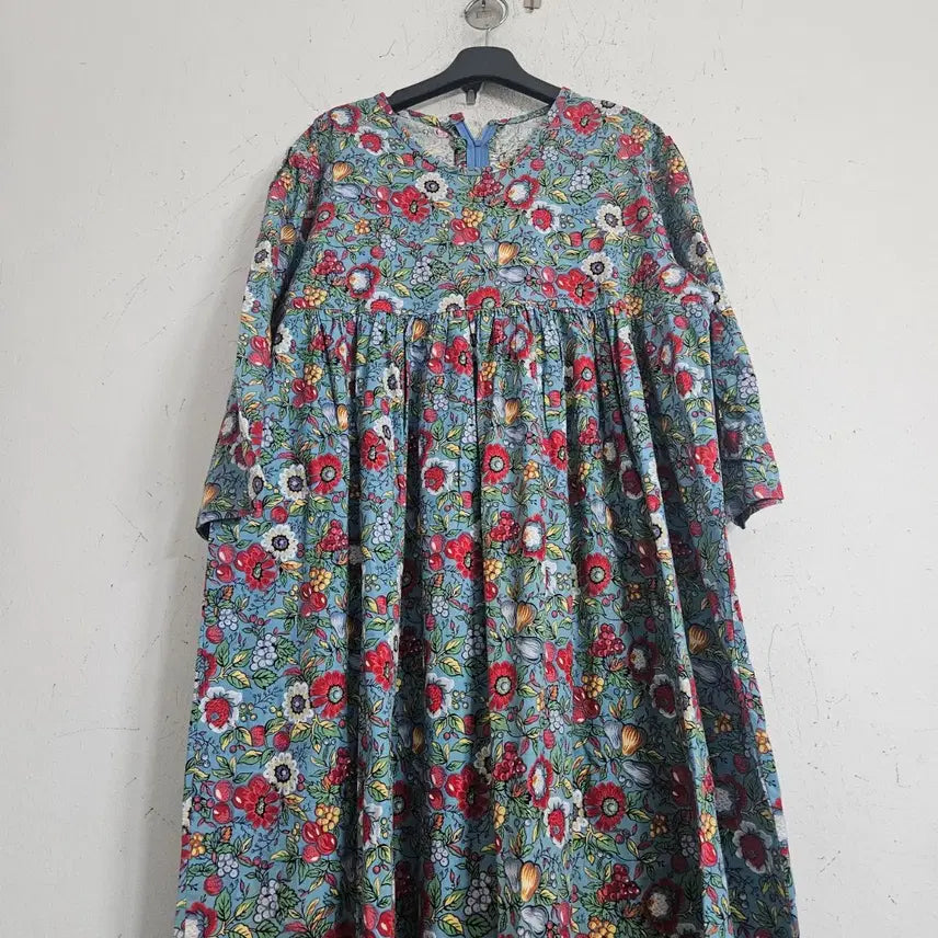 [BUNJANG] Flower Pattern Long Dress Sky Blue / 플라워 패턴 롱 원피스 하늘색