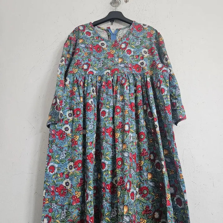 [BUNJANG] Flower Pattern Long Dress Sky Blue / 플라워 패턴 롱 원피스 하늘색