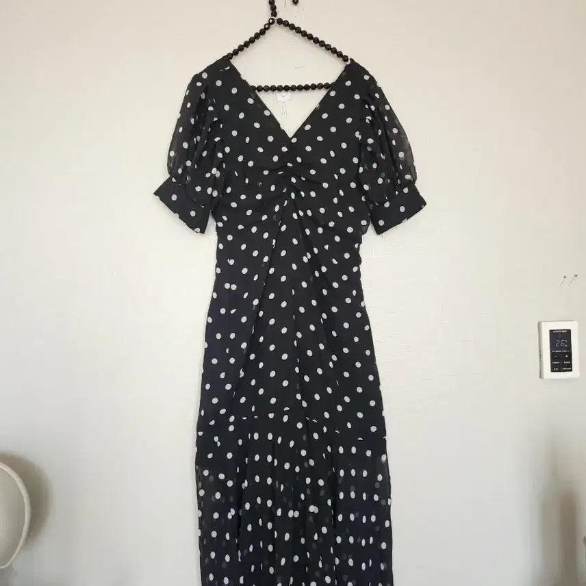 [BUNJANG] Black Dot Long Dress Puff Sleeve / 블랙 도트 롱 원피스 퍼프소매