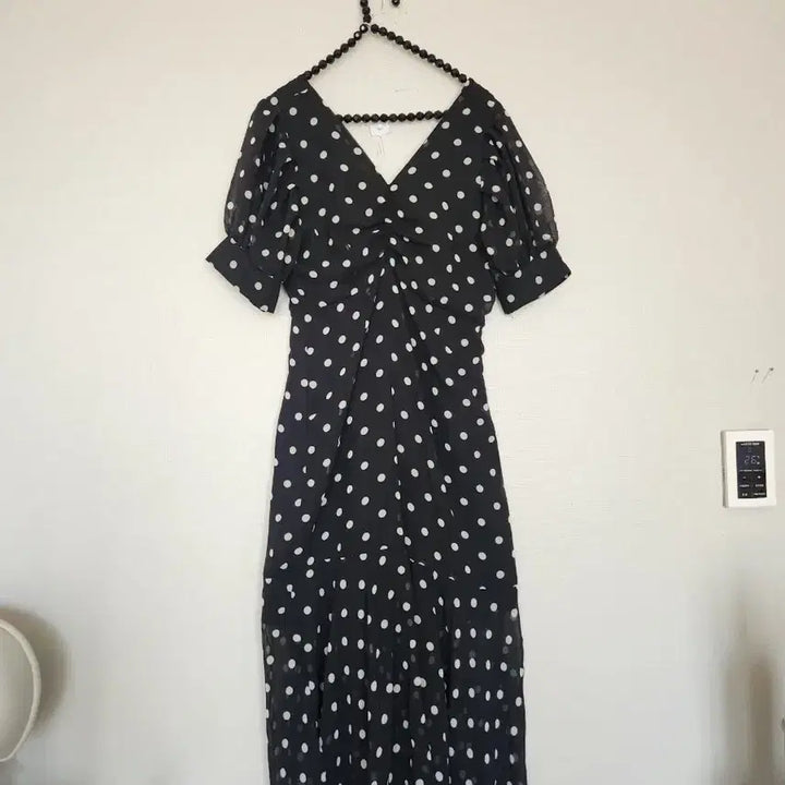 [BUNJANG] Black Dot Long Dress Puff Sleeve / 블랙 도트 롱 원피스 퍼프소매