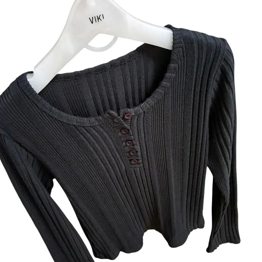 [BUNJANG] Ribbed Henley Long Sleeve Knit T-shirt - Medium, Dark Gray / 골지 헨리넥 긴팔 니트티 M 다크그레이