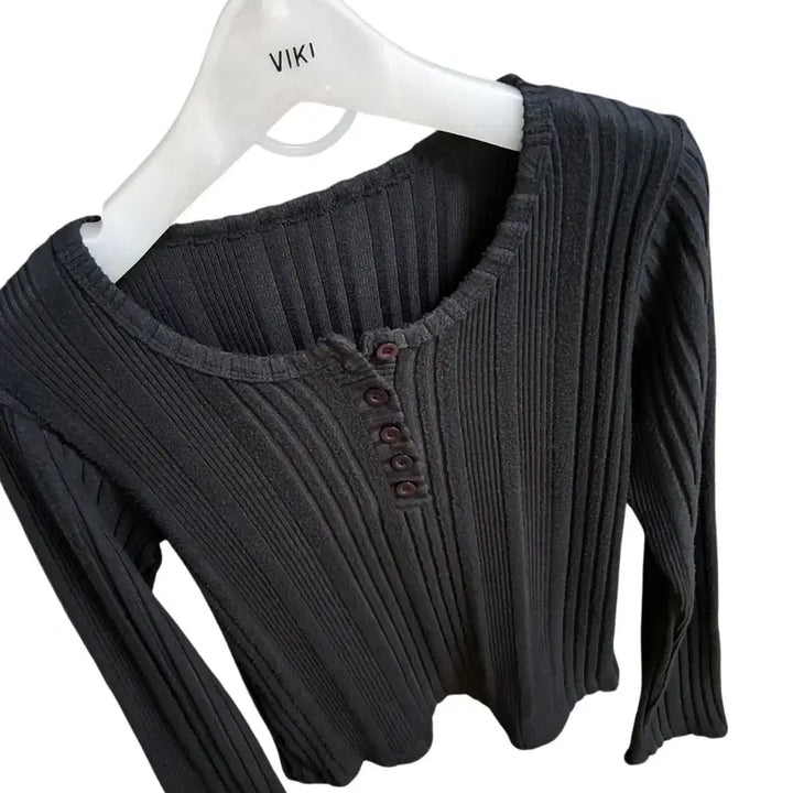 [BUNJANG] Ribbed Henley Long Sleeve Knit T-shirt - Medium, Dark Gray / 골지 헨리넥 긴팔 니트티 M 다크그레이