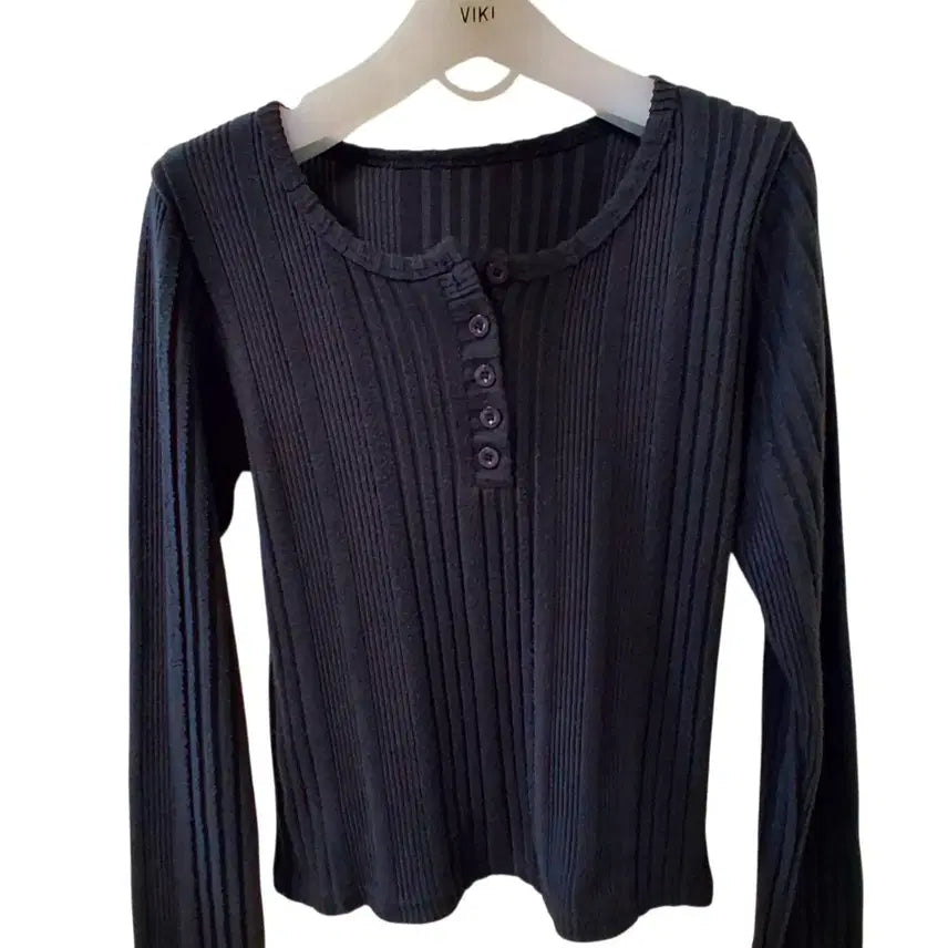 [BUNJANG] Ribbed Henley Long Sleeve Knit T-shirt - Medium, Dark Gray / 골지 헨리넥 긴팔 니트티 M 다크그레이