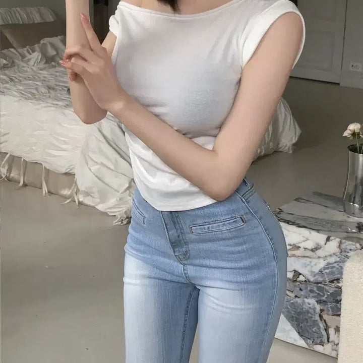 [BUNJANG] Twisted Sleeveless Off-Shoulder T-Shirt / (새상품)캡소매 꼬임 오프숄더 티셔츠