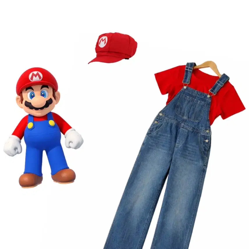 [BUNJANG] Super Mario Cosplay Costume Set (Hat + Overalls) / 마리오 졸사 코스프레 의상 세트 (모자+멜빵바지)