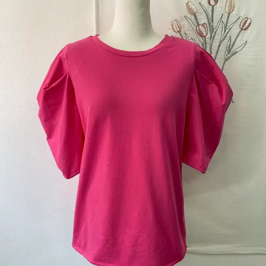 [BUNJANG] ZARA Hot Pink Puff Sleeve Short Sleeve T-Shirt / 자라 ZARA 핫 핑크 퍼프소매 반팔 티셔츠
