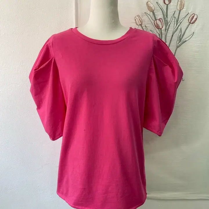 [BUNJANG] ZARA Hot Pink Puff Sleeve Short Sleeve T-Shirt / 자라 ZARA 핫 핑크 퍼프소매 반팔 티셔츠