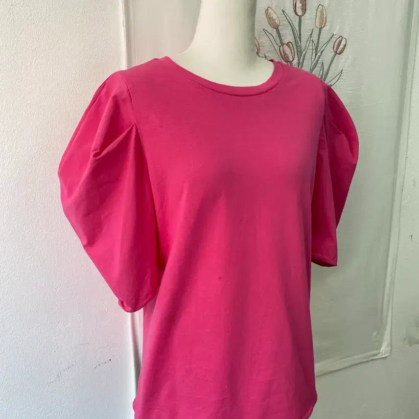 [BUNJANG] ZARA Hot Pink Puff Sleeve Short Sleeve T-Shirt / 자라 ZARA 핫 핑크 퍼프소매 반팔 티셔츠