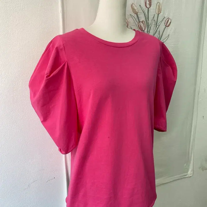 [BUNJANG] ZARA Hot Pink Puff Sleeve Short Sleeve T-Shirt / 자라 ZARA 핫 핑크 퍼프소매 반팔 티셔츠