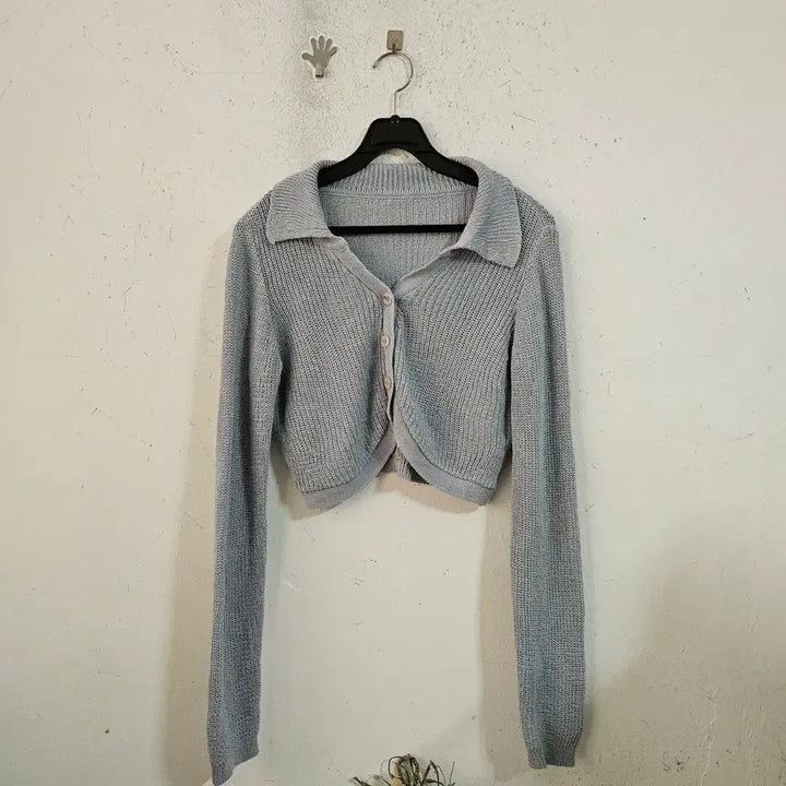 [BUNJANG] Collar Crop Knit Cardigan - Sky Blue / 카라넥 크롭 니트 가디건 하늘색
