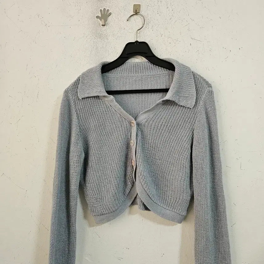 [BUNJANG] Collar Crop Knit Cardigan - Sky Blue / 카라넥 크롭 니트 가디건 하늘색