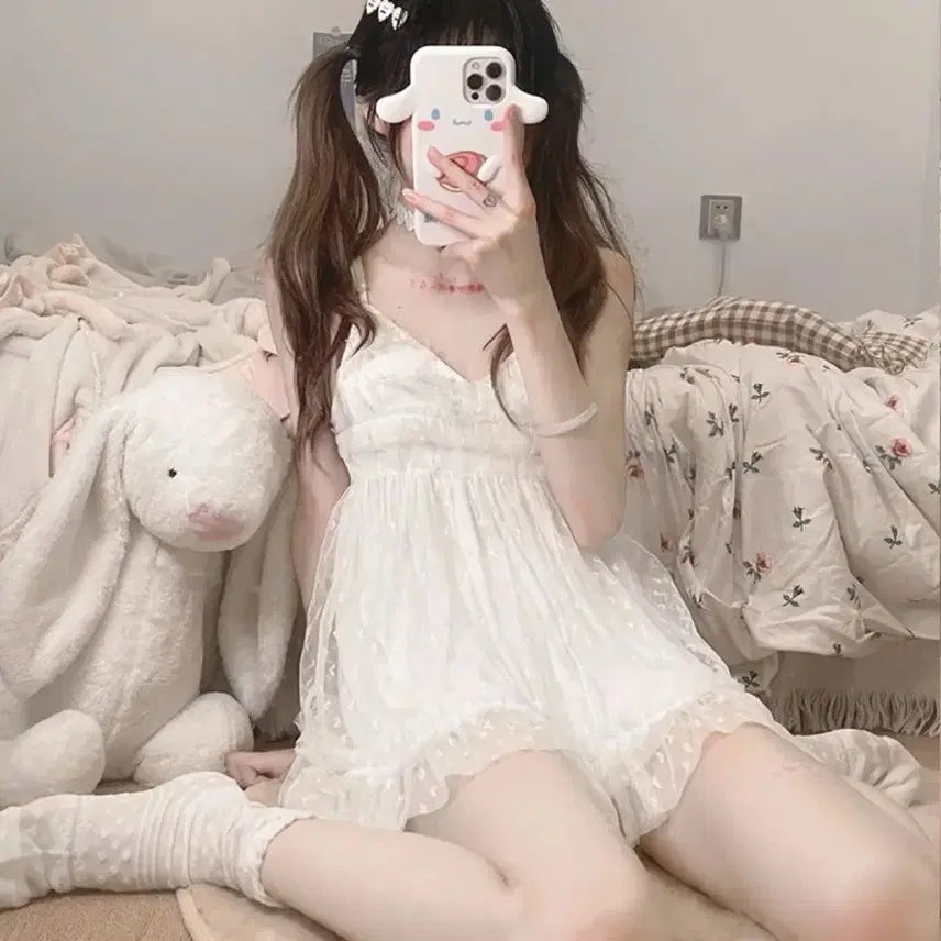 [BUNJANG] White Lace Sleeveless Pajama Dress / 화이트 레이스 나시 잠옷 원피스