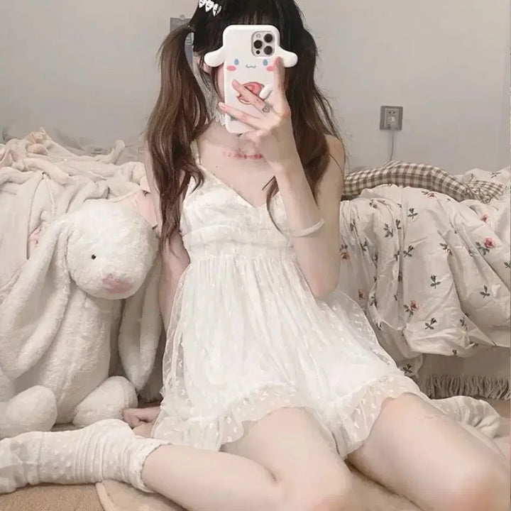 [BUNJANG] White Lace Sleeveless Pajama Dress / 화이트 레이스 나시 잠옷 원피스