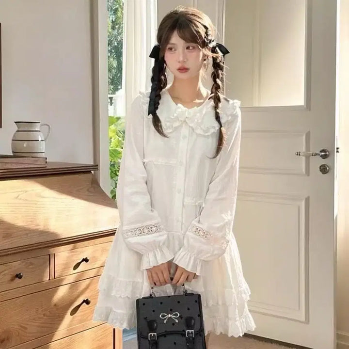 [BUNJANG] Lolita Style White Lace Collar Long Sleeve Dress / 로리타 스타일 화이트 레이스 칼라 롱슬리브 원피스