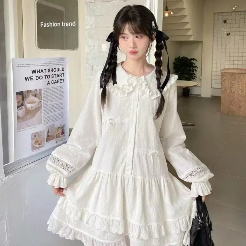 [BUNJANG] Lolita Style White Lace Collar Long Sleeve Dress / 로리타 스타일 화이트 레이스 칼라 롱슬리브 원피스