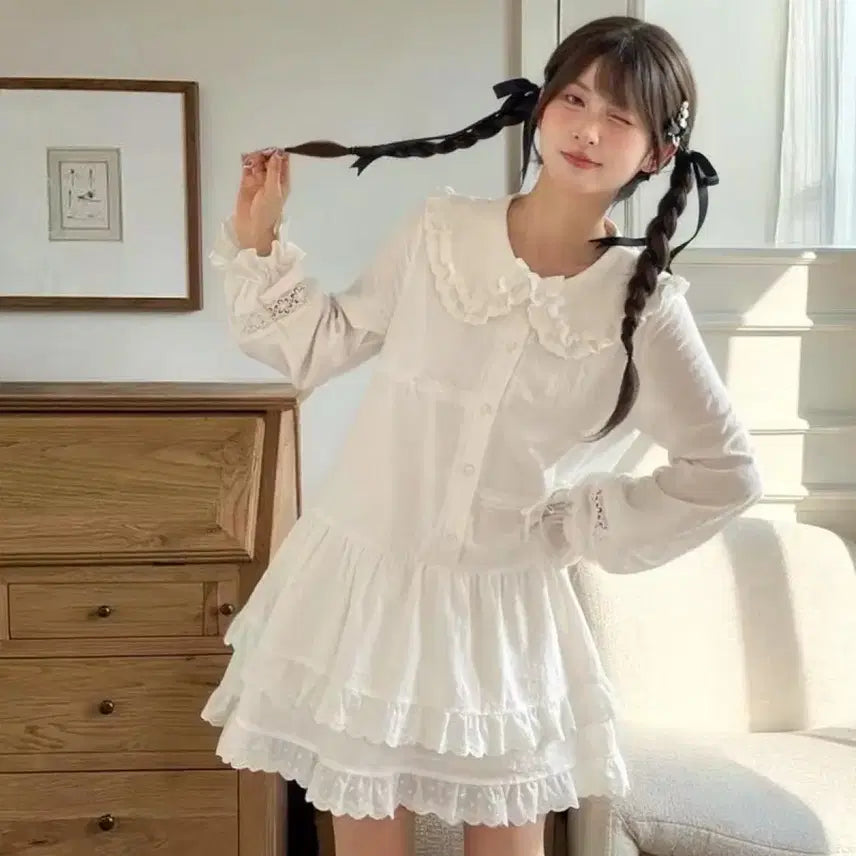 [BUNJANG] Lolita Style White Lace Collar Long Sleeve Dress / 로리타 스타일 화이트 레이스 칼라 롱슬리브 원피스