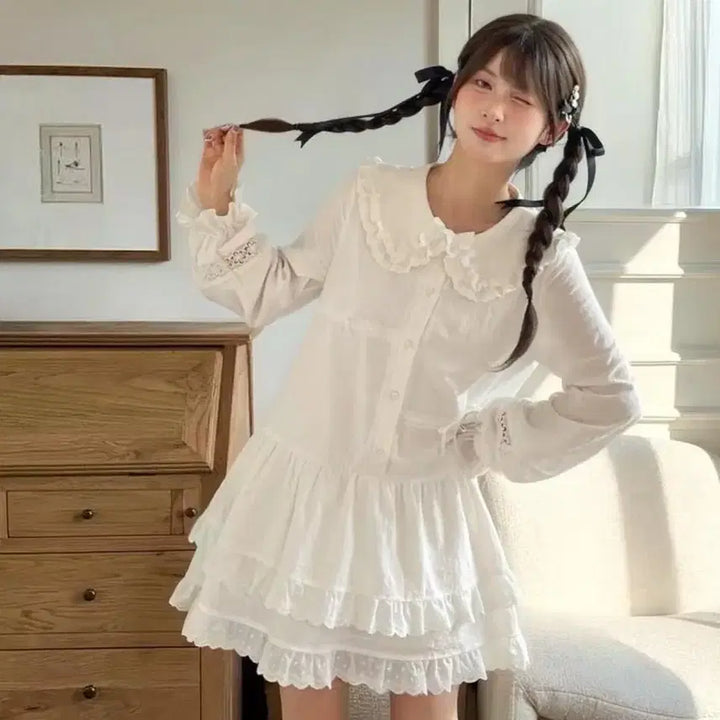 [BUNJANG] Lolita Style White Lace Collar Long Sleeve Dress / 로리타 스타일 화이트 레이스 칼라 롱슬리브 원피스