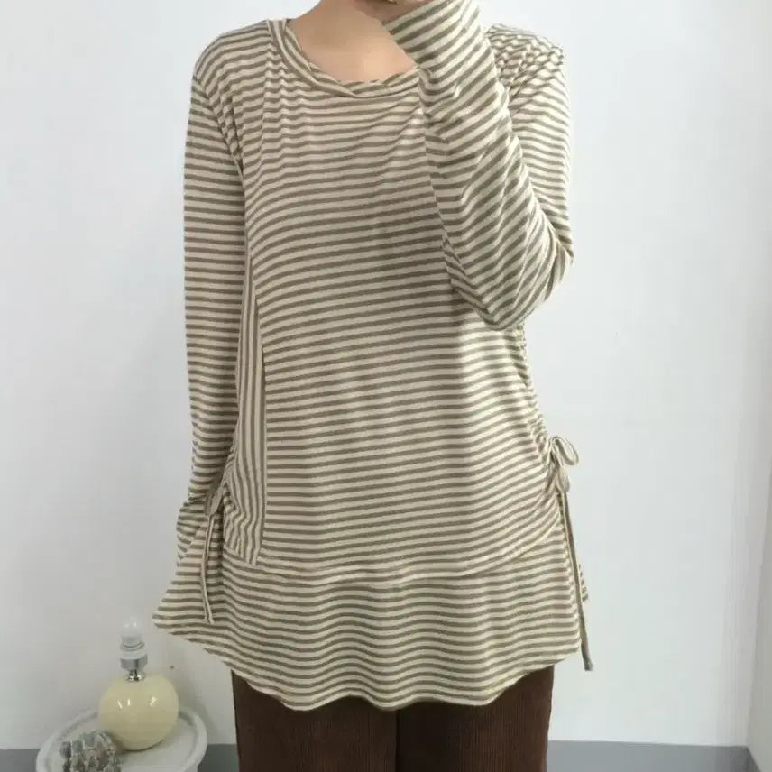 [BUNJANG] Vintage Khaki Beige Stripe Layered T-Shirt / 빈티지 카키베이지 스트라이프 레이어드 티셔츠