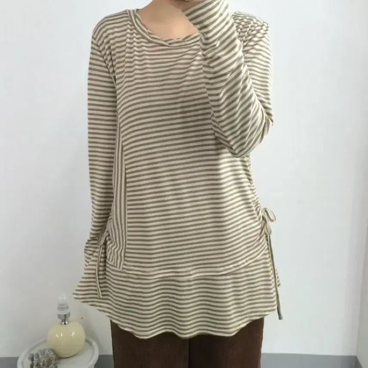 [BUNJANG] Vintage Khaki Beige Stripe Layered T-Shirt / 빈티지 카키베이지 스트라이프 레이어드 티셔츠