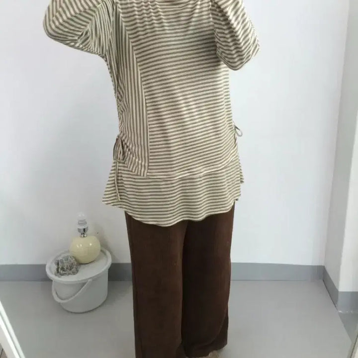 [BUNJANG] Vintage Khaki Beige Stripe Layered T-Shirt / 빈티지 카키베이지 스트라이프 레이어드 티셔츠
