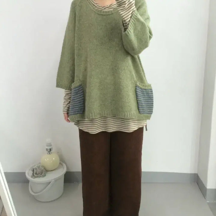 [BUNJANG] Vintage Khaki Beige Stripe Layered T-Shirt / 빈티지 카키베이지 스트라이프 레이어드 티셔츠