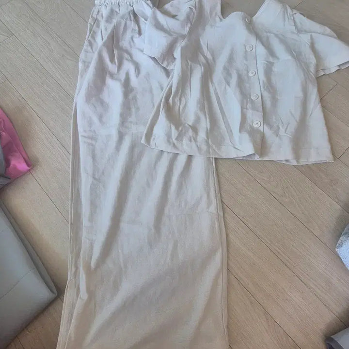 [BUNJANG] Linen Short Sleeve Top and Wide Pants Set / 린넨 반팔 상의 와이드 팬츠 세트 free